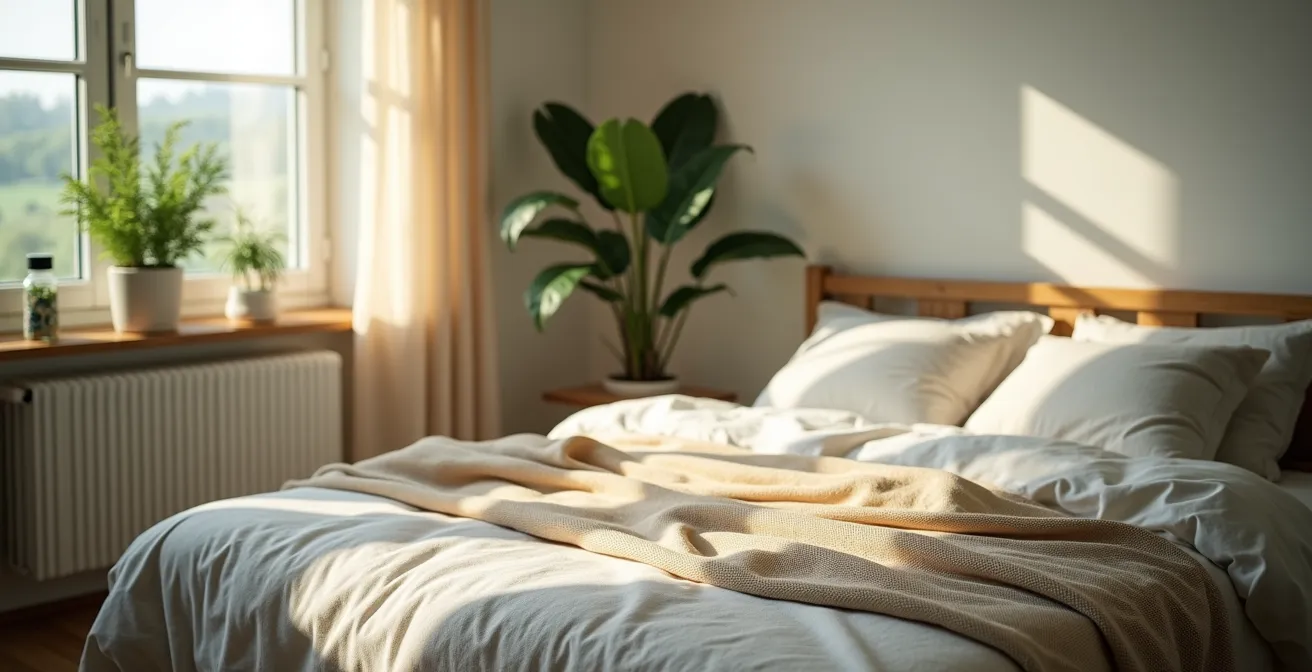 Minimalist bedroom showing soft natural light, shadows, and air quality plants