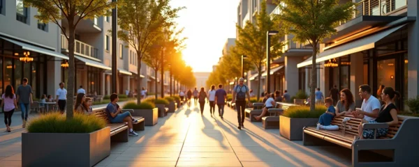 Urban street with modern benches, lighting fixtures, and plantings showcasing strategic furniture placement for community engagement