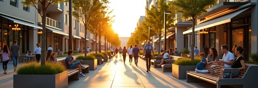 Urban street with modern benches, lighting fixtures, and plantings showcasing strategic furniture placement for community engagement