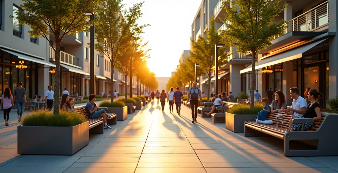 Urban street with modern benches, lighting fixtures, and plantings showcasing strategic furniture placement for community engagement