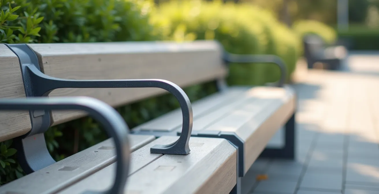 Close-up view of an ergonomic public bench with armrests and varying seat heights accommodating elderly users and wheelchair accessibility