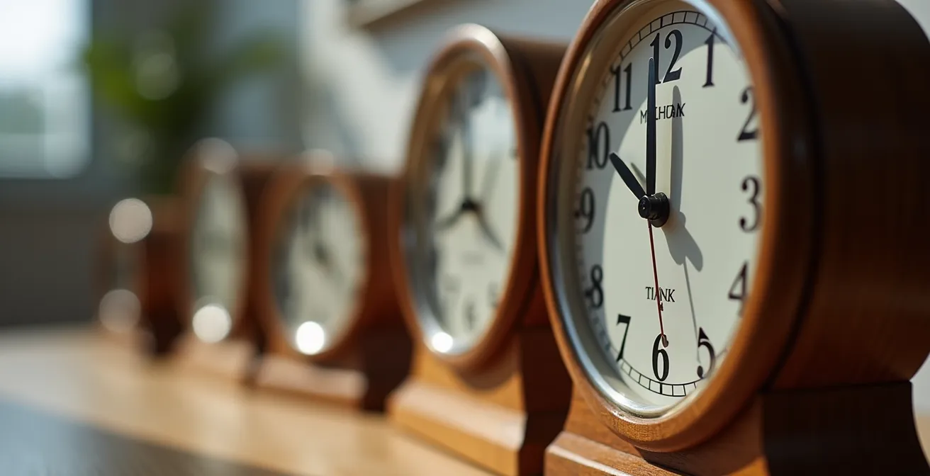 Close-up of analog clocks with blurred background representing different chronotypes and sleep cycles