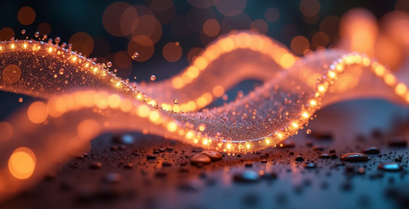 Abstract composition of nutritional elements and hormonal molecules rendered as light trails and textures