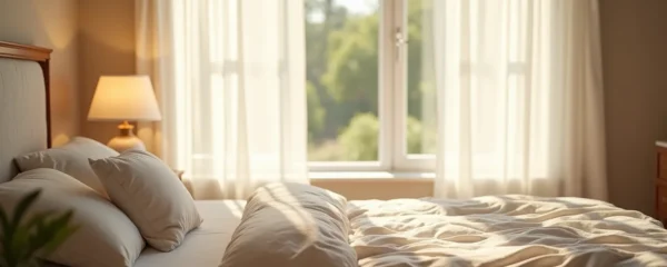 A serene, minimalist bedroom bathed in soft natural light with clean lines and a peaceful atmosphere, no text, letters, or UI elements