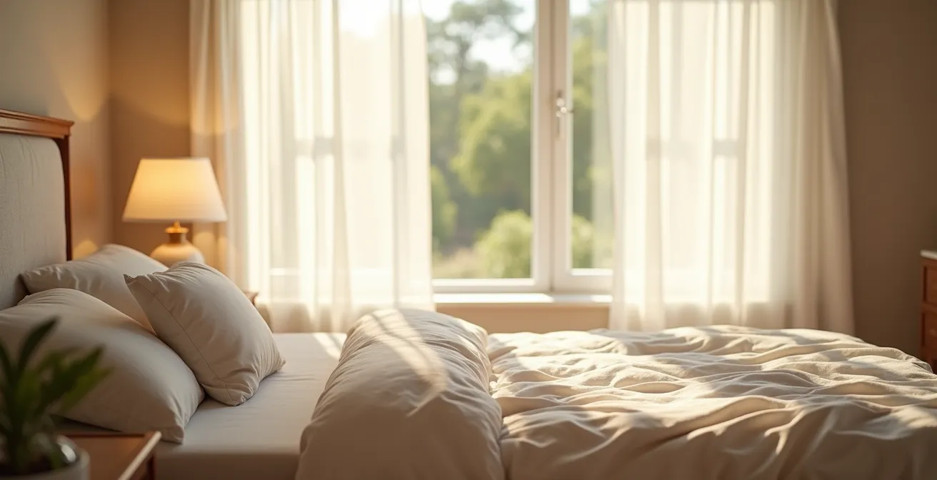 A serene, minimalist bedroom bathed in soft natural light with clean lines and a peaceful atmosphere, no text, letters, or UI elements