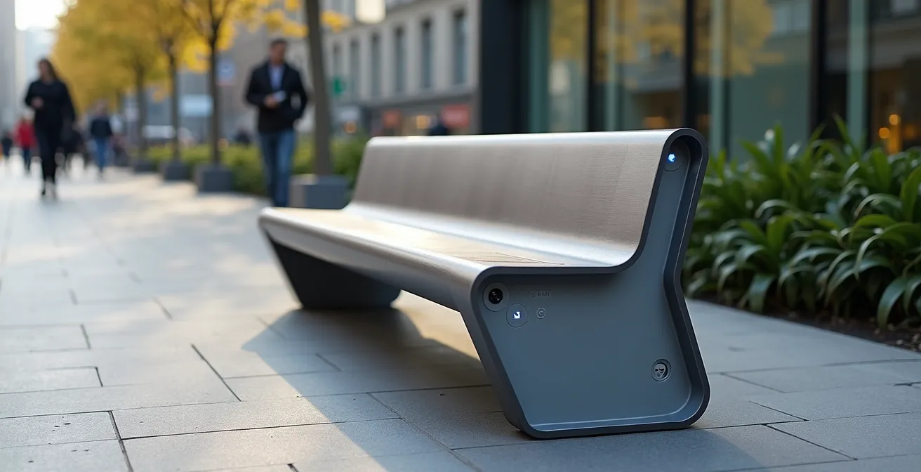 Modern smart bench with integrated solar panels and subtle sensor housings, showcasing technology integration in urban furniture design